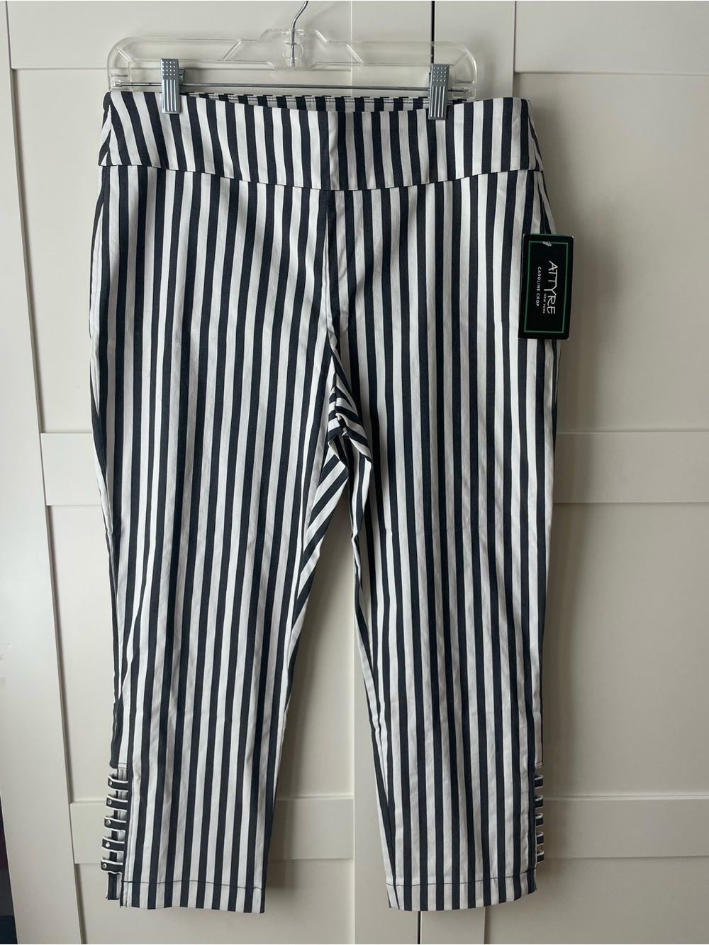 Navy & White Striped Capri Pants with Rhinestone detail and Elastic Waistband